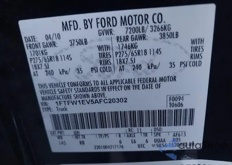 2010 Ford F-150 Fx4/Lariat/Xl/Xlt from USA, damaged, VIN 1FTFW1EV5AFC20302